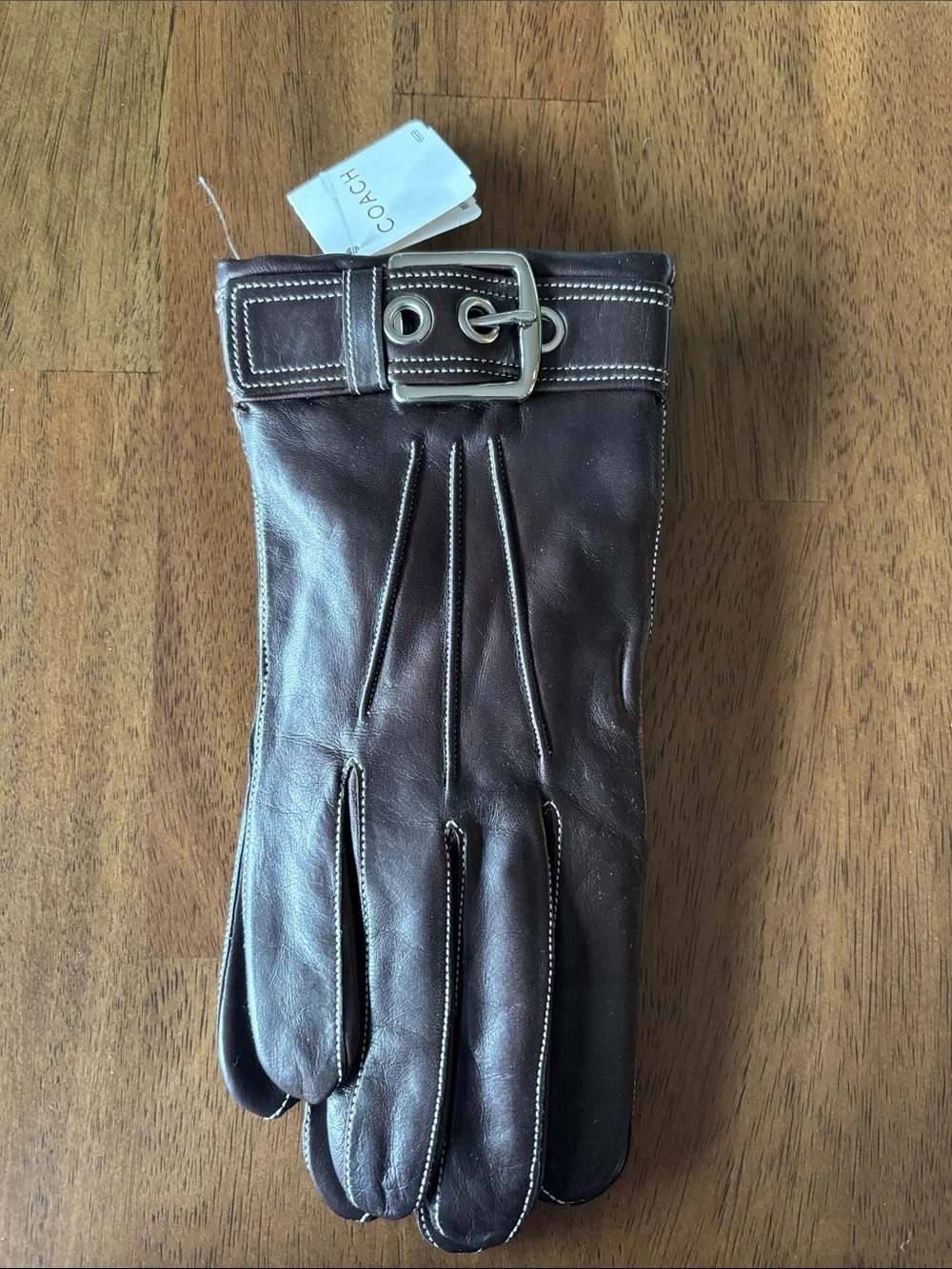 Coach Dark Brown Leather Women's Gloves with Buckle Detail